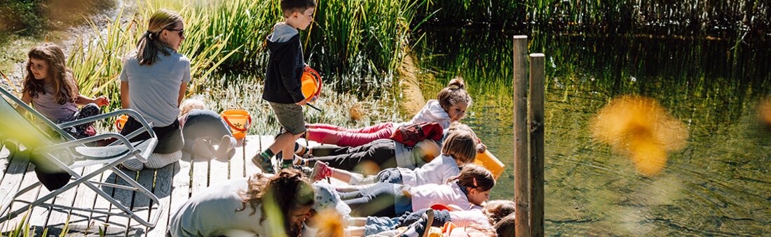 Kinder beim Forschen am Biotop