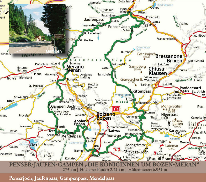 Karte für Route Penser-Jaufen-Gampen „Die Königinnen um Bozen-Meran"