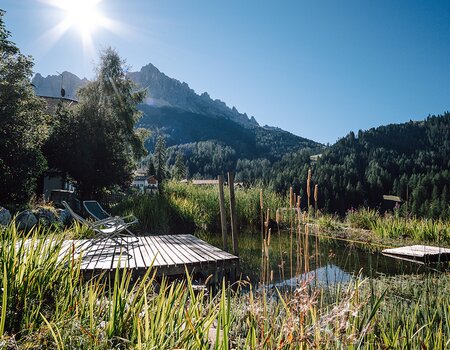 Ausblick über den Bo-Schwimmteich mit dem Latemar im Hintergrund