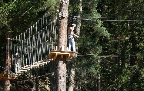 Mann auf Plateau im Hochseilgarten